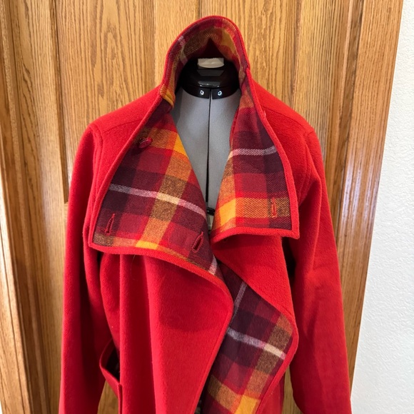 Designer Jimmy Hourihan Dublin Ireland Wool Coat – Red with Plaid Lining S - Picture 2 of 8